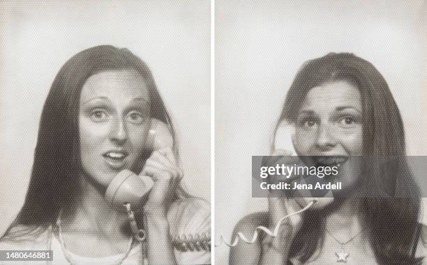 gossip concept: two women talking on the phone, female friendship conversation, vintage friends 1990s 2000s retro landline phone - composite bonding stock pictures, royalty-free photos & images