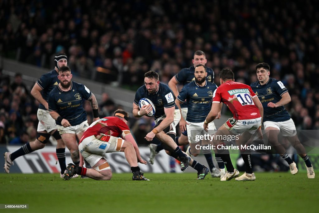 Leiscter Rugby Jack Conan of Leinster Rugby is tackled by Tommy Reffell of Leicester ...