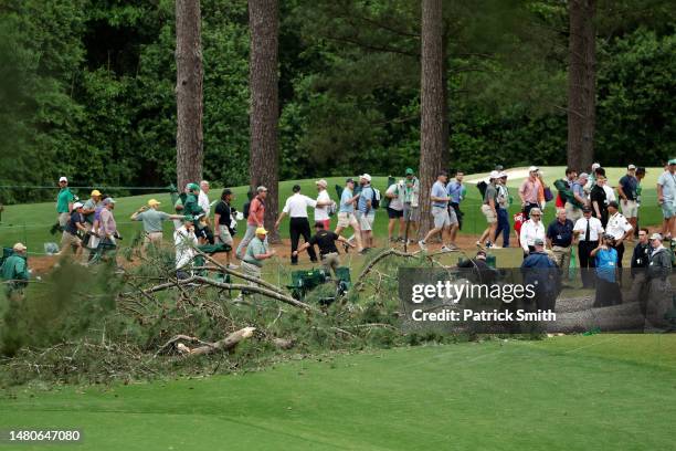General view of fallen trees on the 17th tee during the second round of the 2023 Masters Tournament at Augusta National Golf Club on April 07, 2023...