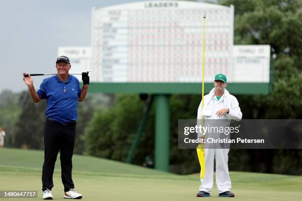 Sandy Lyle of Scotland looks on from the 18th green during the second round of the 2023 Masters Tournament at Augusta National Golf Club on April 07,...