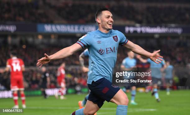 Burnley player Connor Roberts celebrates after scoring the second Burnley goal during the Sky Bet Championship between Middlesbrough and Burnley at...