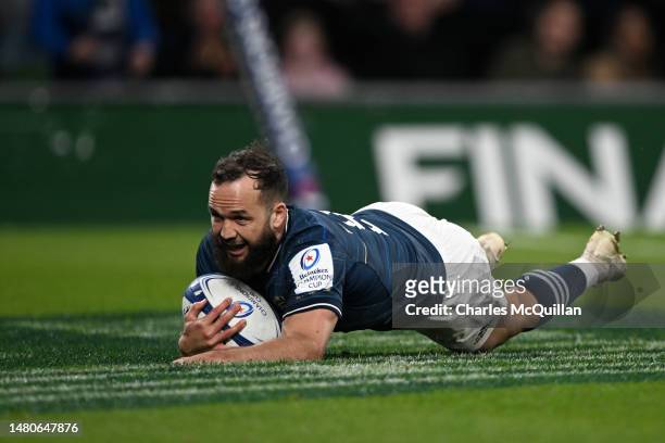 Jamison Gibson-Park of Leinster Rugby scores the teams third try during the Heineken Champions Cup Quarter Finals match at Aviva Stadium on April 07,...