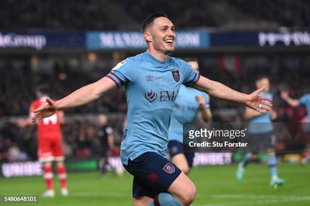 Burnley player Connor Roberts celebrates after scoring the second Burnley goal during the Sky Bet Championship between Middlesbrough and Burnley at...