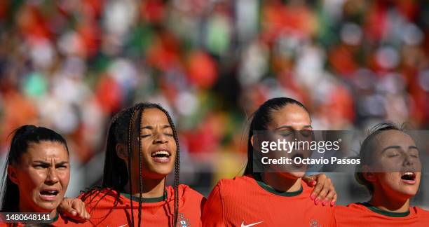Ana Borges, Jessica, Ana Seica and Joana Marchao of Portugal during the national anthem prior the Portugal v Japan - Women's International Friendly...