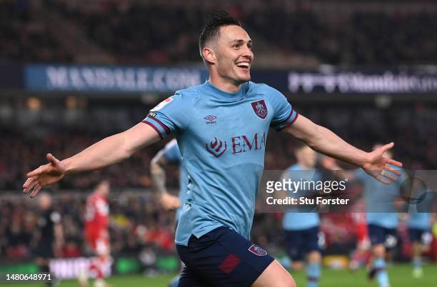 Burnley player Connor Roberts celebrates after scoring the second Burnley goal during the Sky Bet Championship between Middlesbrough and Burnley at...
