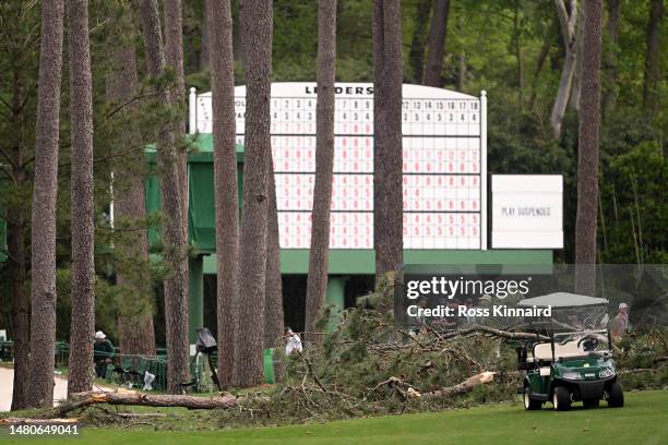 General view of fallen trees on the 17th hole during the second round of the 2023 Masters Tournament at Augusta National Golf Club on April 07, 2023...