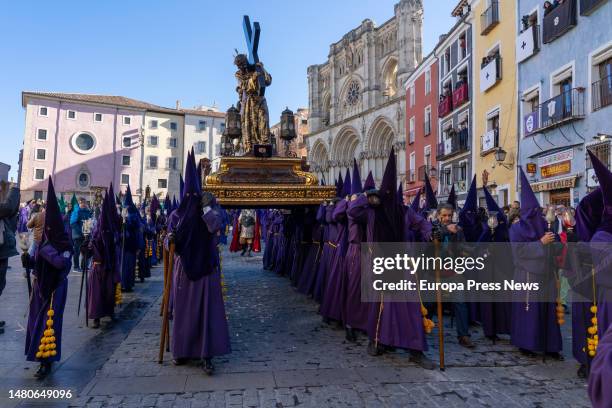 The passage of the Nazarene during the Calvary procession on Good Friday in Cuenca, April 6 in Cuenca, Castilla-La Mancha, Spain. The procession...