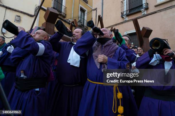 Nazarenes during the Calvary procession on Good Friday in Cuenca, April 6 in Cuenca, Castilla-La Mancha, Spain. The procession begins at 05:30 am...