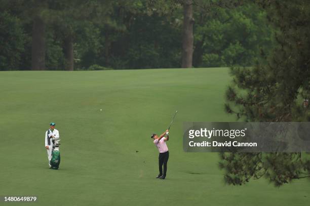 Bryson DeChambea of The United States plays his second shot on the second hole during the second round of the 2023 Masters Tournament at Augusta...