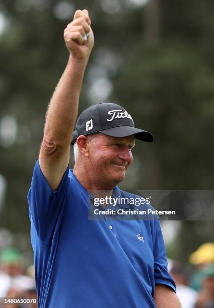 Sandy Lyle of Scotland acknowledges the patrons on the 18th green during the second round of the 2023 Masters Tournament at Augusta National Golf...