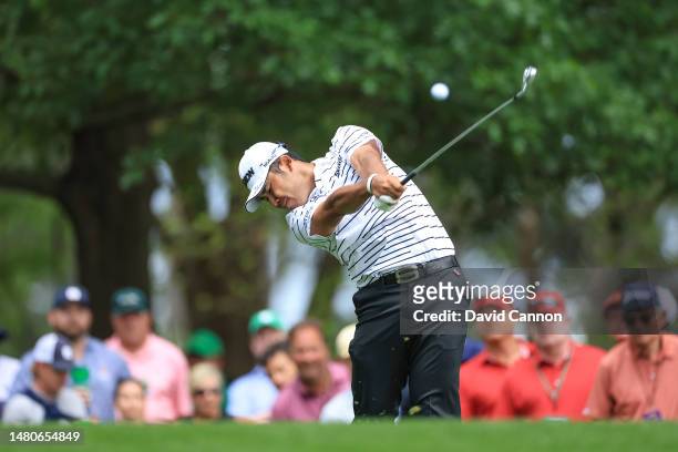 Hideki Matsuyama of Japan plays his tee shot on the fourth hole during the second round of the 2023 Masters Tournament at Augusta National Golf Club...