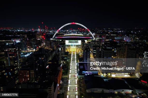 An aerial view of Wembley Stadium after the Women´s Finalissima 2023 match between England and Brazil on April 06, 2023 in London, England.