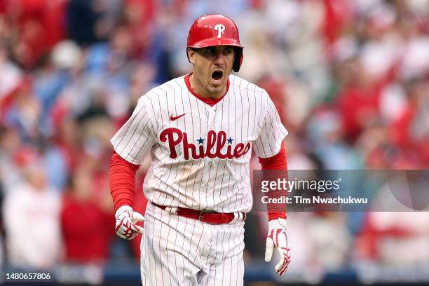 Realmuto of the Philadelphia Phillies reacts after hitting a two run home run during the seventh inning against the Cincinnati Reds at Citizens Bank...
