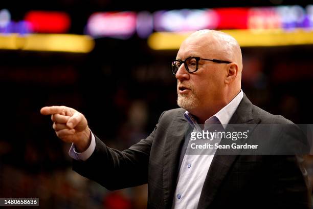 New Orleans Executive Vice President of Basketball Operations Pelicans David Griffin stands on the court prior to the start of an NBA game against...