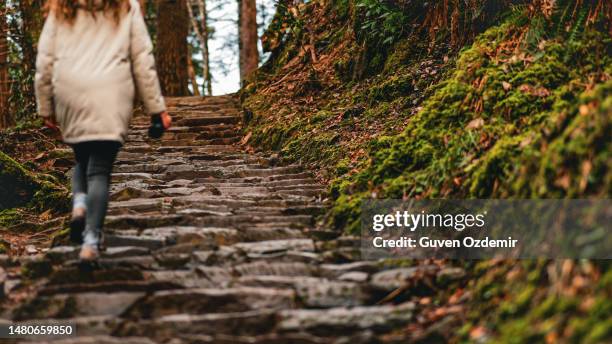 back view of young woman in coat hiking in forest, hiking in national park, hiking woman holding thermos, getting away from city and getting oxygen in nature - daily life in ireland stock pictures, royalty-free photos & images