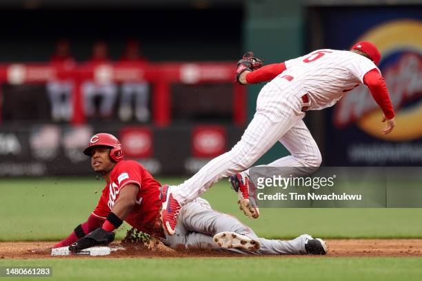 Jose Barrero of the Cincinnati Reds reacts after being tagged out by Bryson Stott of the Philadelphia Phillies during the third inning at Citizens...