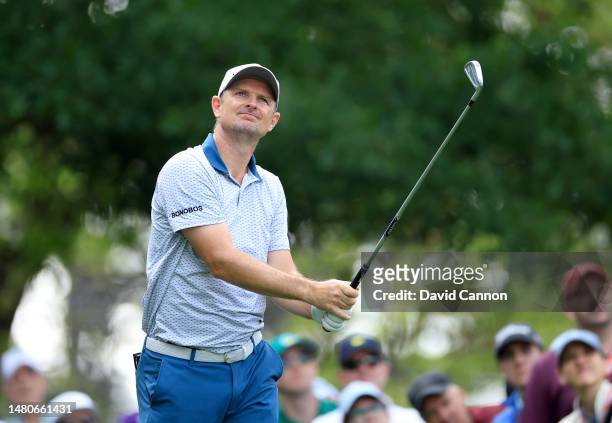 Justin Rose of England plays his tee shot on the fourth hole during the second round of the 2023 Masters Tournament at Augusta National Golf Club on...