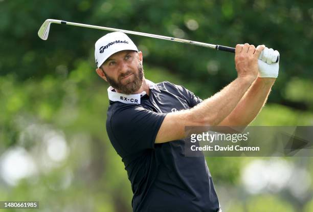 Dustin Johnson of The United States plays his tee shot on the fourth hole during the second round of the 2023 Masters Tournament at Augusta National...