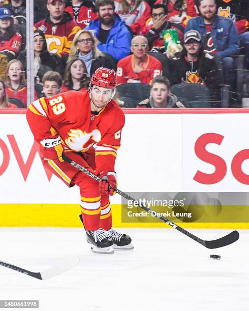 Dillon Dube of the Calgary Flames in action against the Anaheim Ducks during an NHL game at Scotiabank Saddledome on April 2, 2023 in Calgary,...
