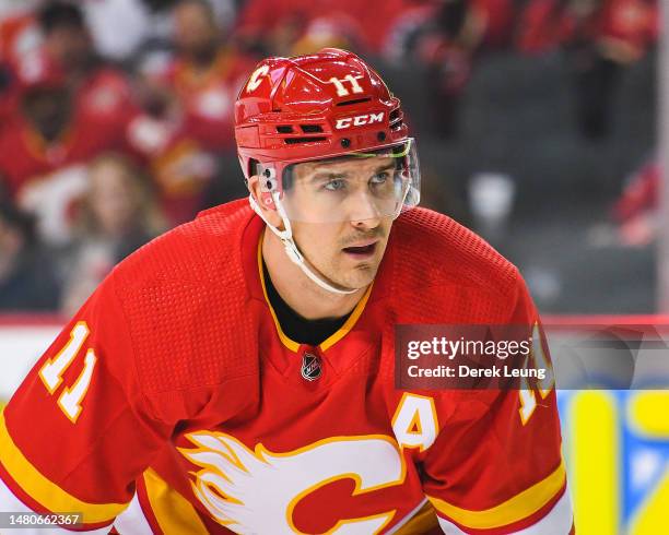 Mikael Backlund of the Calgary Flames in action against the Anaheim Ducks during an NHL game at Scotiabank Saddledome on April 2, 2023 in Calgary,...