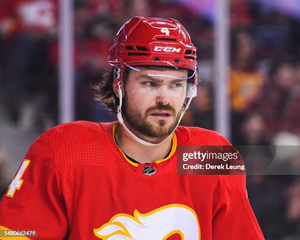 Rasmus Andersson of the Calgary Flames in action against the Anaheim Ducks during an NHL game at Scotiabank Saddledome on April 2, 2023 in Calgary,...