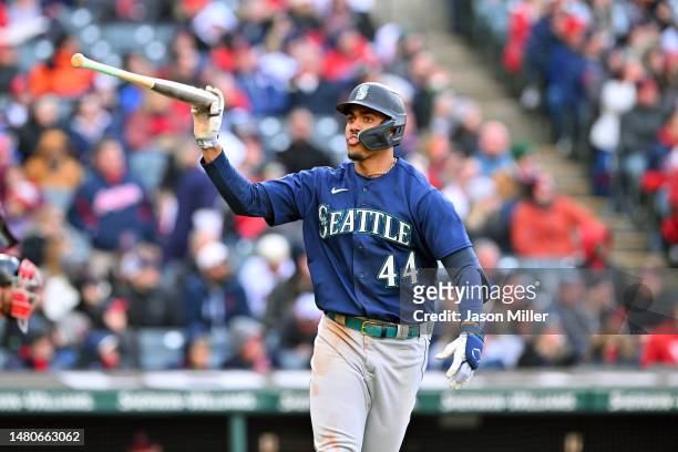 Julio Rodriguez of the Seattle Mariners celebrates after hitting a two-run home run during the sixth inning of the home opener against the Cleveland...