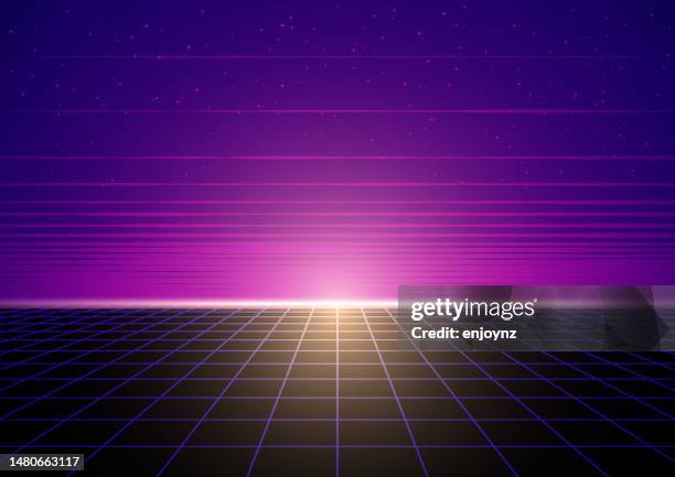 retro 80s vapor-wave sunrise illustration - synthwave style stock illustrations