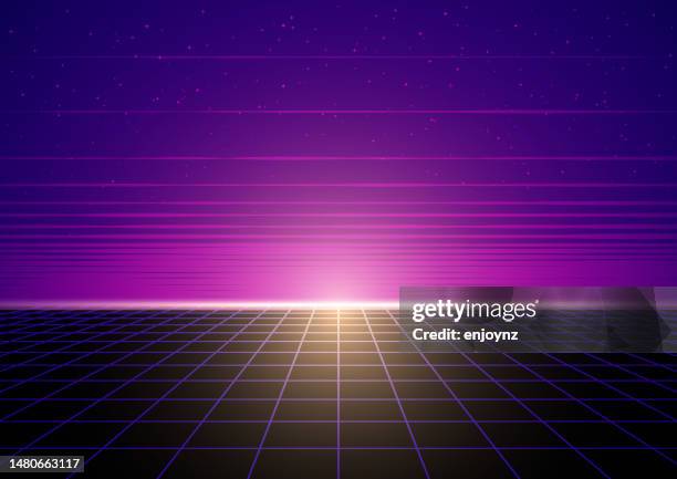 retro 80s vapor-wave sunrise illustration - horizon brightly lit stock illustrations