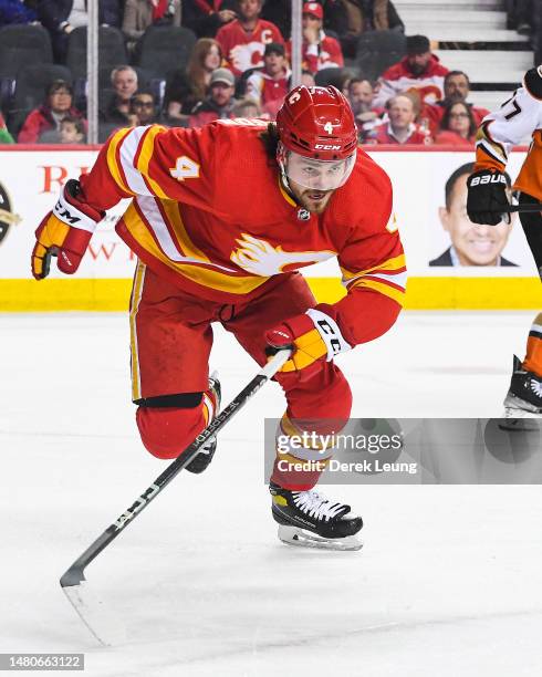 Rasmus Andersson of the Calgary Flames in action against the Anaheim Ducks during an NHL game at Scotiabank Saddledome on April 2, 2023 in Calgary,...