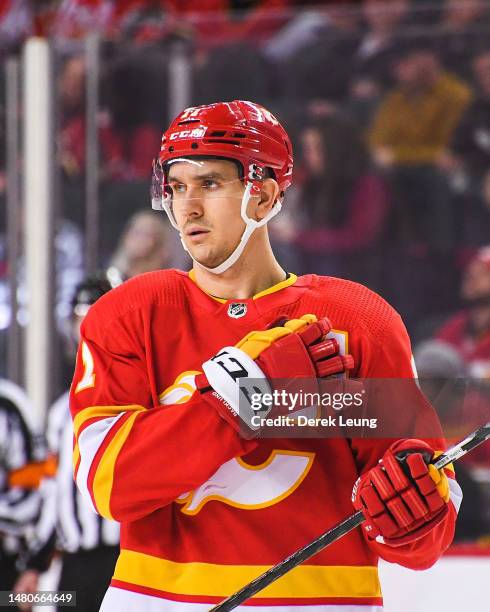 Mikael Backlund of the Calgary Flames in action against the Anaheim Ducks during an NHL game at Scotiabank Saddledome on April 2, 2023 in Calgary,...