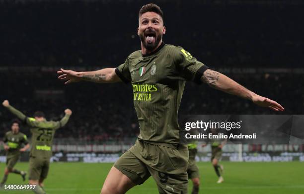 Olivier Giroud of AC Milan celebrates his goal that was later disallowed by VAR during the Serie A match between AC Milan and Empoli FC at Stadio...