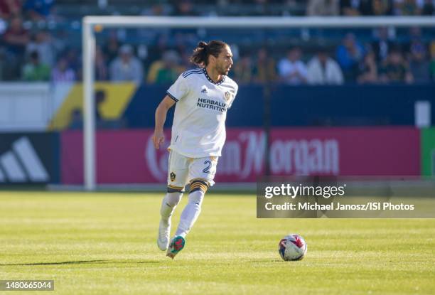 Martin Caceres of the LA Galaxy looks to pass the ball during a game against the Seattle Sounders FC at Dignity Health Sports Park on April 1, 2023...