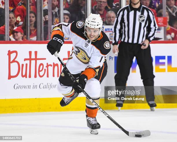 Scott Harrington of the Anaheim Ducks in action against the Calgary Flames during an NHL game at Scotiabank Saddledome on April 2, 2023 in Calgary,...