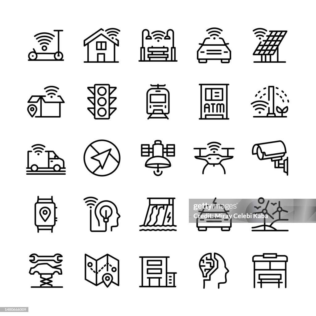 Vector Illustration Graphic of Smart City. Editable stroke size. Simple isolated icons. Sign, symbol, elements. Icon Set.