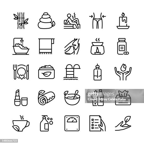 vektorgrafik von beauty- und spa-elementen. bearbeitbare strichgröße. einfache, isolierte symbole. zeichen, symbole, elemente. icon-set. - aromatherapy stock-grafiken, -clipart, -cartoons und -symbole