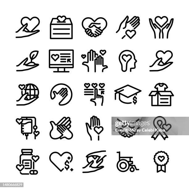 vector illustration graphic of charity and donation. editable stroke size. simple isolated icons. sign, symbol, elements. icon set. - fundraiser thermometer stock illustrations