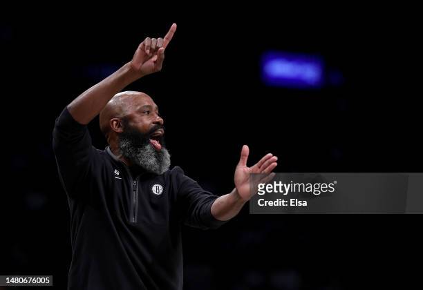 Head coach Jacque Vaughn of the Brooklyn Nets directs his team in the first half against the Orlando Magic at Barclays Center on April 07, 2023 in...