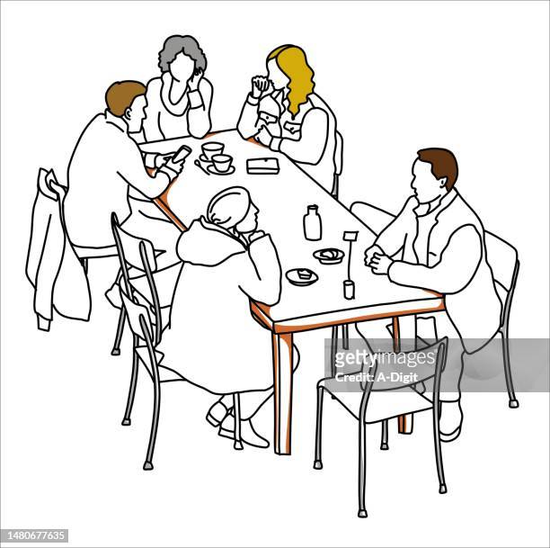 arial view coffeeshop conversations sketch color hair - women meeting lunch stock illustrations