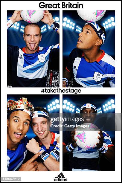 Team GB footballers Tom Cleverley , Ryan Bertrand , Scott Sinclair and Joe Allen and Marvin Sordell pose for pictures in the adidas photobooth during...