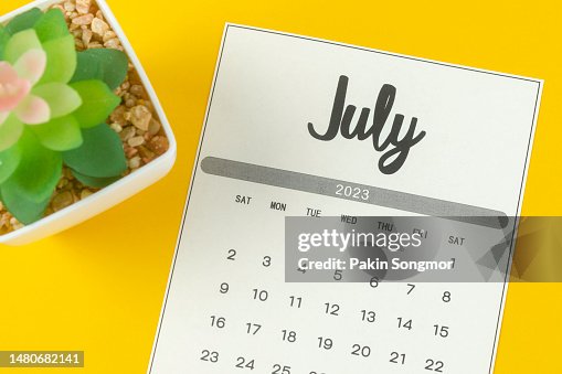 Calendar Desk 2023: July is the month for the organizer to plan and deadline with a houseplant against a yellow paper background.