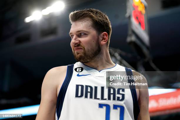 Luka Doncic of the Dallas Mavericks reacts after being fouled in the first half against the Chicago Bulls at American Airlines Center on April 07,...