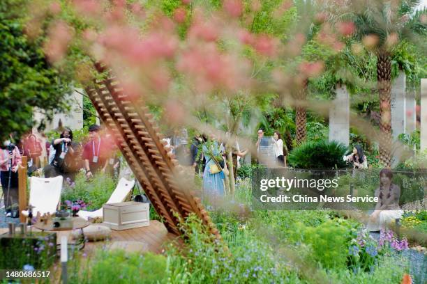 People view flowers during a media preview of 2023 Guangdong-Hong Kong-Macao Greater Bay Area Flower Show at Shenzhen Fairy Lake Botanical Garden on...