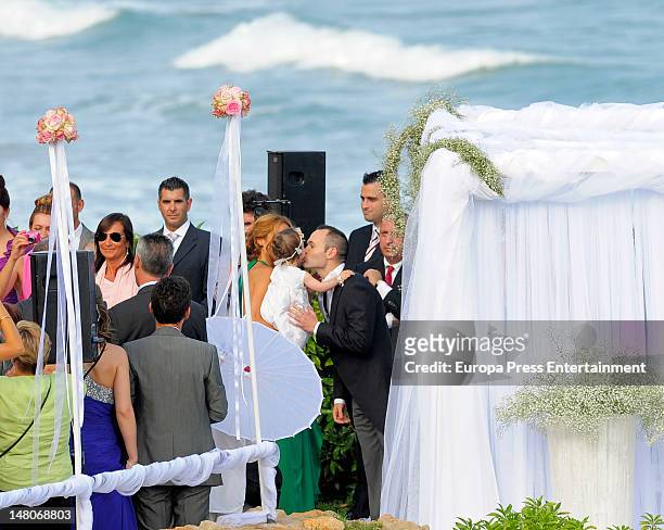 Andres Iniesta and Ana Ortiz attends their wedding at Tamarit Castle on July 8, 2012 in Tarragona, Spain.
