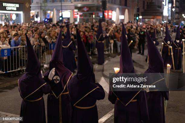 Nazarenes attend The Jesus de Medinaceli Easter Procession on April 07, 2023 in Madrid, Spain.