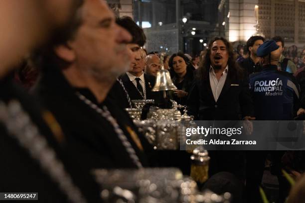 Jose del Curro sings the Saeta song on The Jesus de Medinaceli Easter Procession at Calatravas Church on April 07, 2023 in Madrid, Spain.