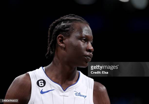 Bol Bol of the Orlando Magic looks on in the fourth quarter against the Brooklyn Nets at Barclays Center on April 07, 2023 in the Brooklyn borough of...