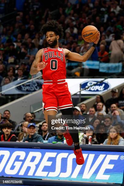 Coby White of the Chicago Bulls catches a pass in the second half against the Dallas Mavericks at American Airlines Center on April 07, 2023 in...