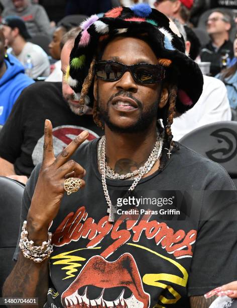 Rapper 2 Chainz attends the game between the Philadelphia 76ers and the Atlanta Hawks at State Farm Arena on April 07, 2023 in Atlanta, Georgia.