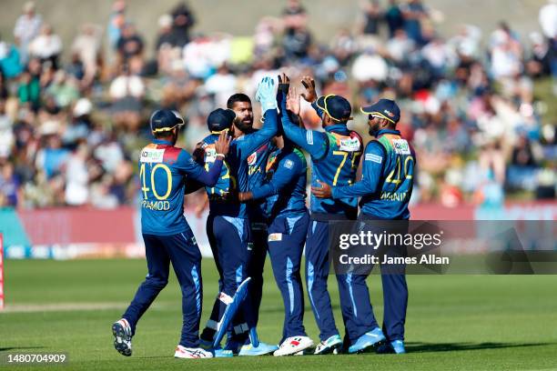 Sri Lanka celebrate the wicket of Black Caps player Chad Bowes during game three of the T20 International Series between New Zealand and Sri Lanka at...