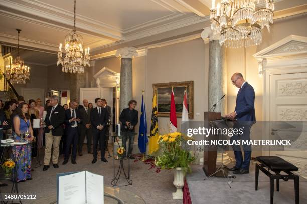 Jambon's chef of cabinet Jeroen Overmeer delivers a speech at 11 July, Flemish regional holiday, celebrations at the Ubersee-Club during the first...